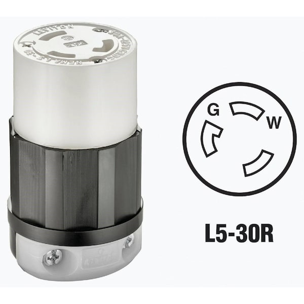 Locking Connector, L5-30R, 30 A, 125V AC, Single Phase, 2 Pole, Screw Terminals, Black, White
